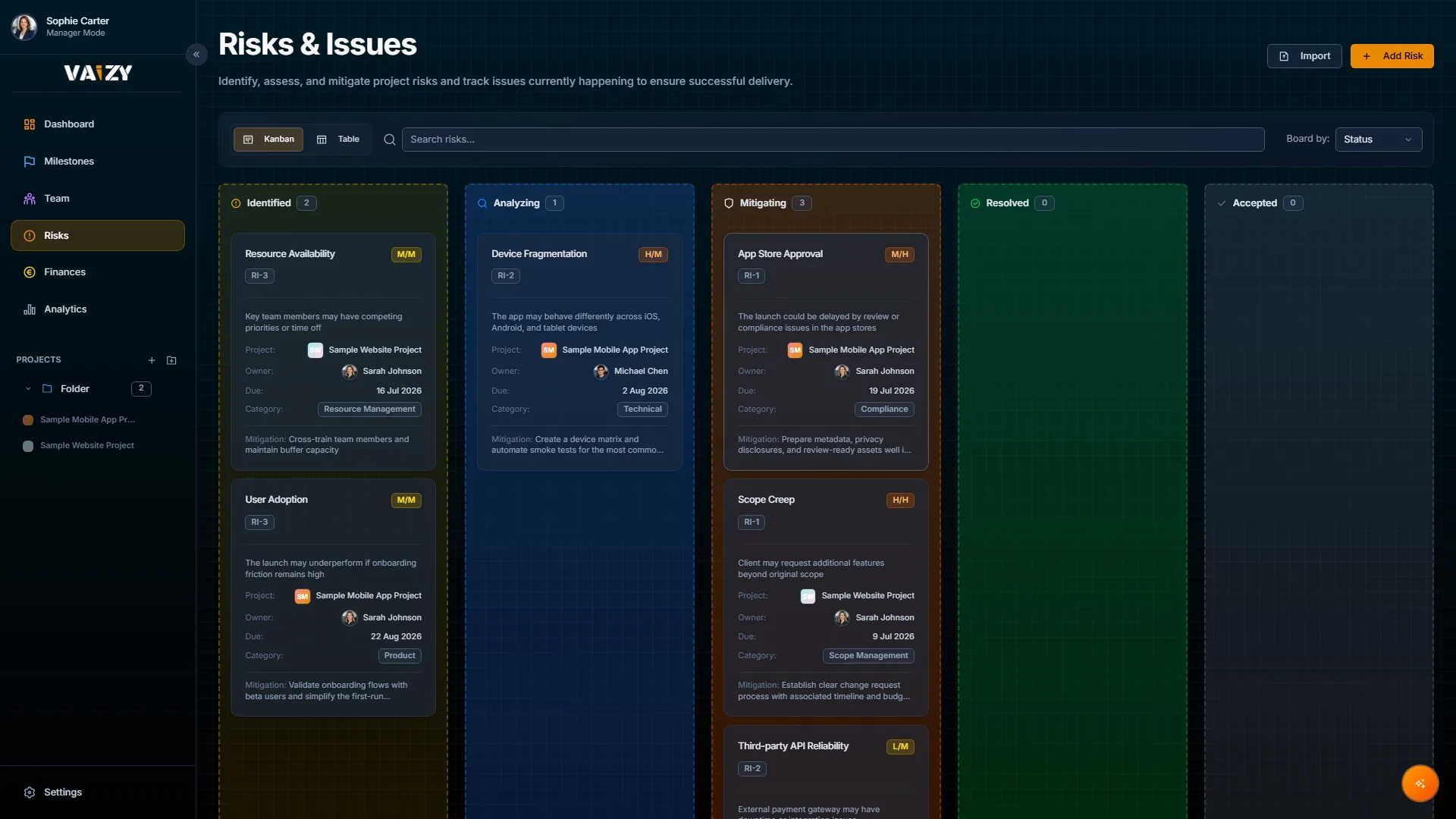 Vaizy risk management board with columns for identified, analyzing, mitigating, resolved, and accepted.