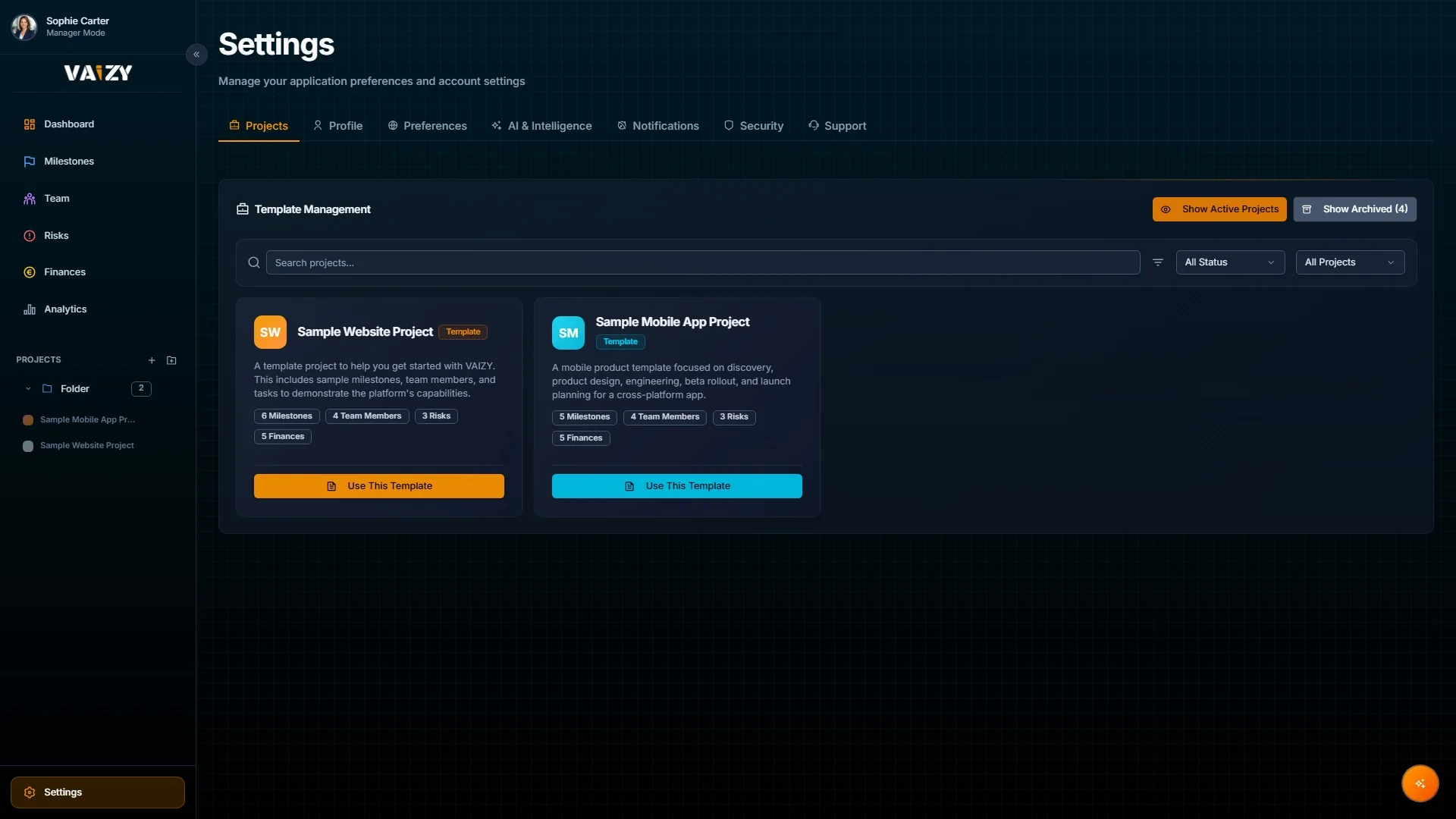 Vaizy project templates settings page showing built-in and custom templates ready to launch.